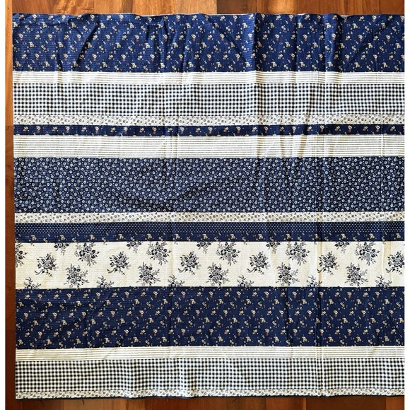 Vintage Blue Floral Striped Gingham Calico Ticking Seersucker Fabric 4yd x 44.5" - Picture 1 of 6
